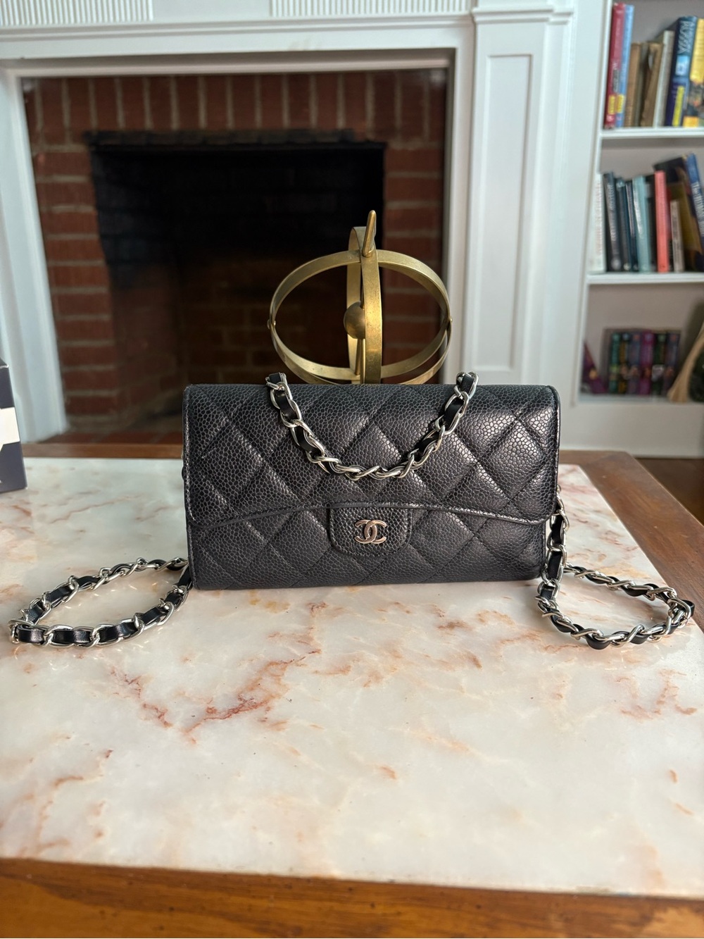 CHANEL Caviar Leather Black Quilted Classic Trifold Wallet w/ Added Chain